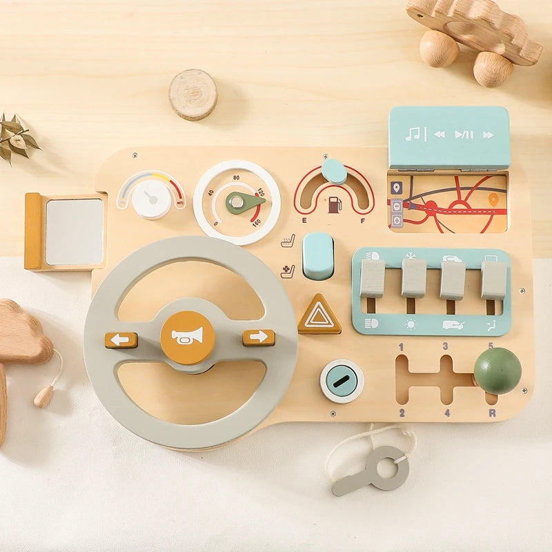 Children's Montessori Wooden Car Steering Wheel Activity Busyboard