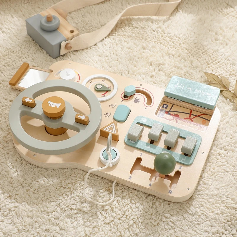 Children's Montessori Wooden Car Steering Wheel Activity Busyboard