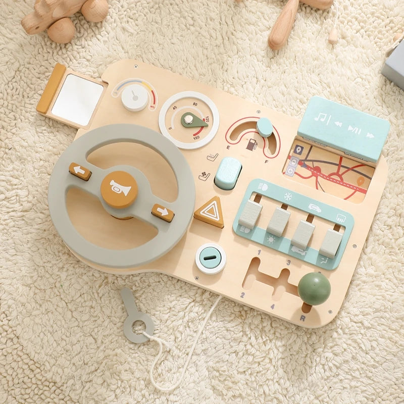 Children's Montessori Wooden Car Steering Wheel Activity Busyboard
