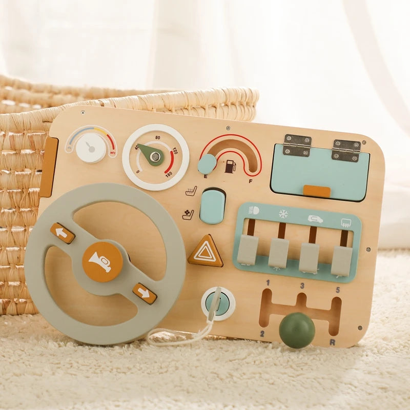 Children's Montessori Wooden Car Steering Wheel Activity Busyboard