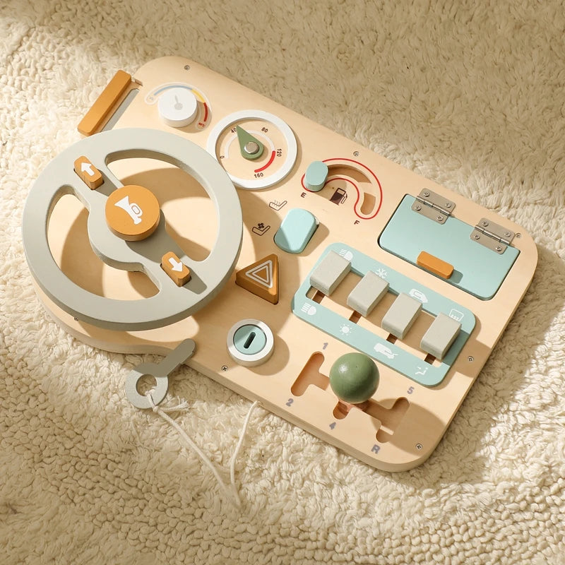 Children's Montessori Wooden Car Steering Wheel Activity Busyboard