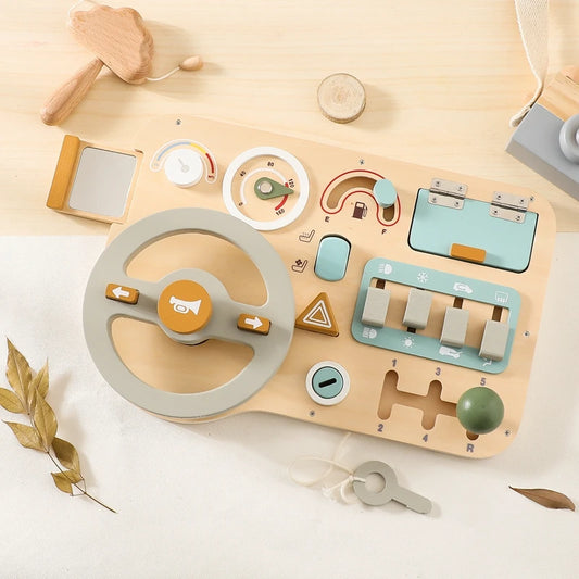 Children's Montessori Wooden Car Steering Wheel Activity Busyboard